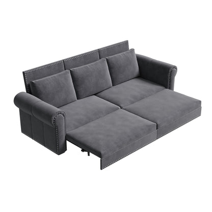 Canapé-lit 3 places en velours 93,7 pouces 3 en 1 avec accoudoirs roulés et garniture cloutée