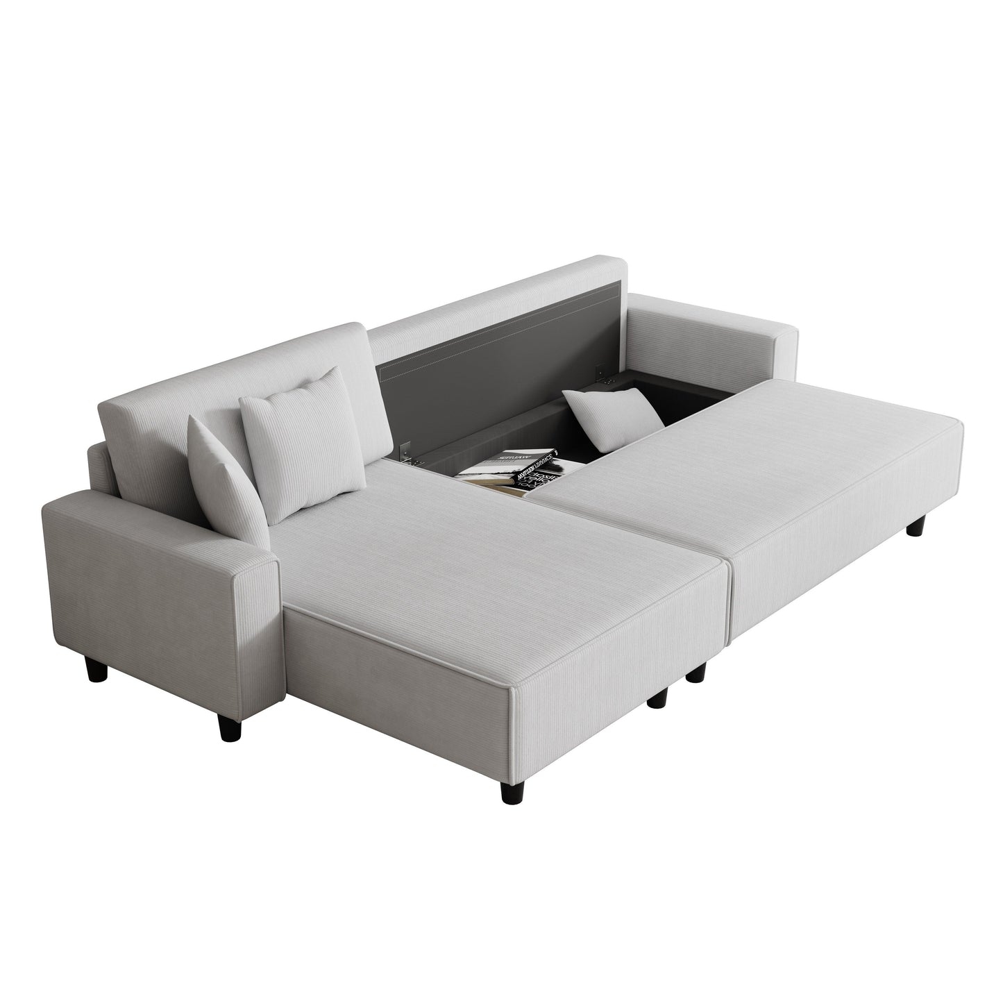 Canapé-lit convertible 3 places en velours côtelé de 93 po avec méridienne réglable, deux oreillers et rangement - Design compact