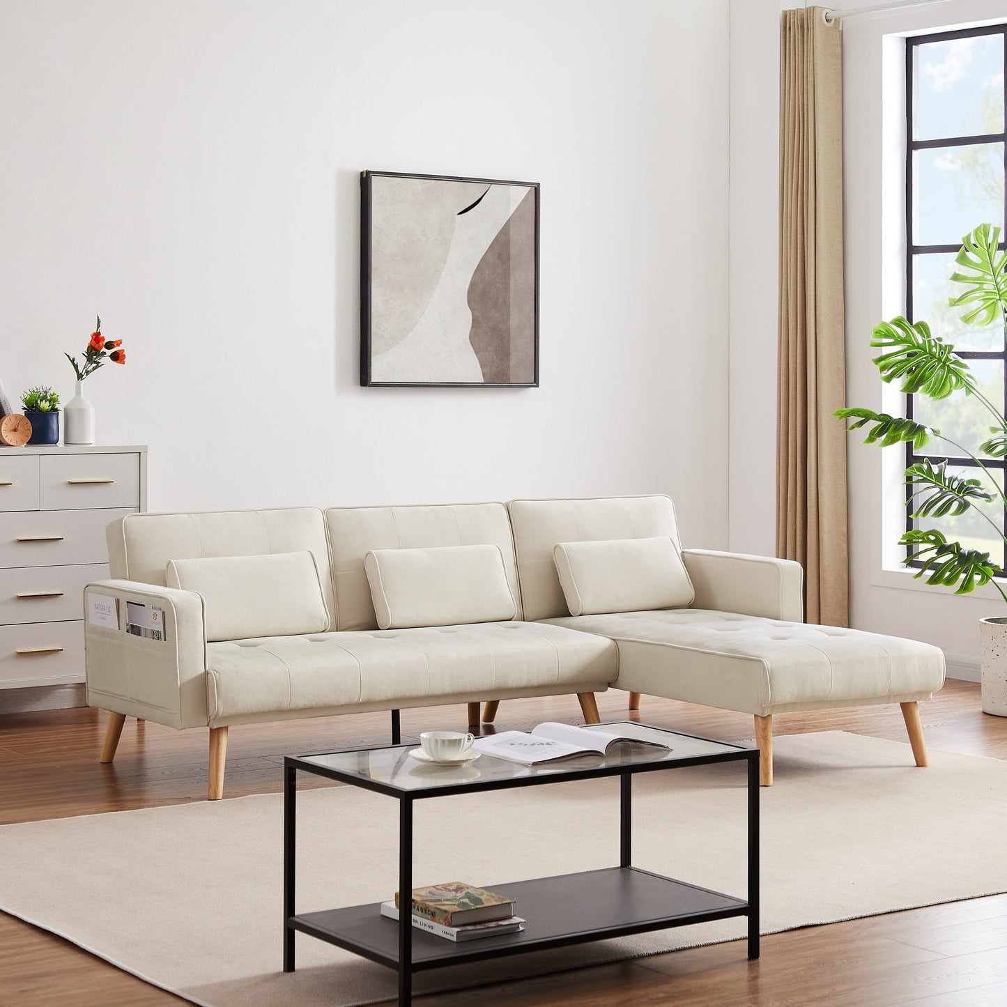 Canapé sectionnel convertible en lin de 94,5 po avec méridienne, design orienté à droite, coussins en mousse et sac de rangement