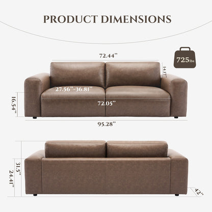 Canapé 3 places surdimensionné 95 cm - Assises extra profondes et accoudoirs larges, canapé en cuir PU garni de duvet pour salon et appartement