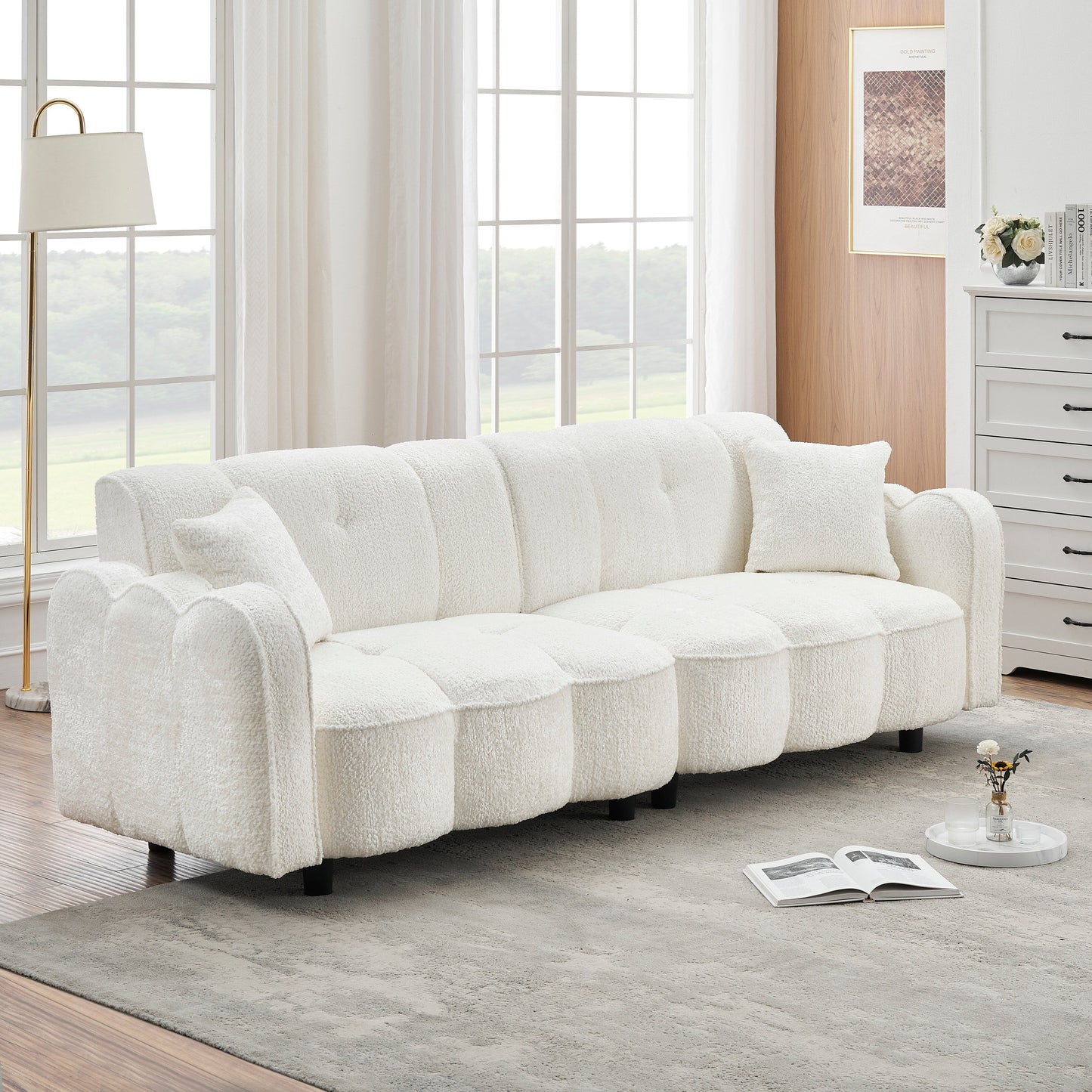 Canapé 3 places rembourré de 96,06 pouces avec 2 oreillers, motif nuage, assise profonde et coussins en mousse épaisse