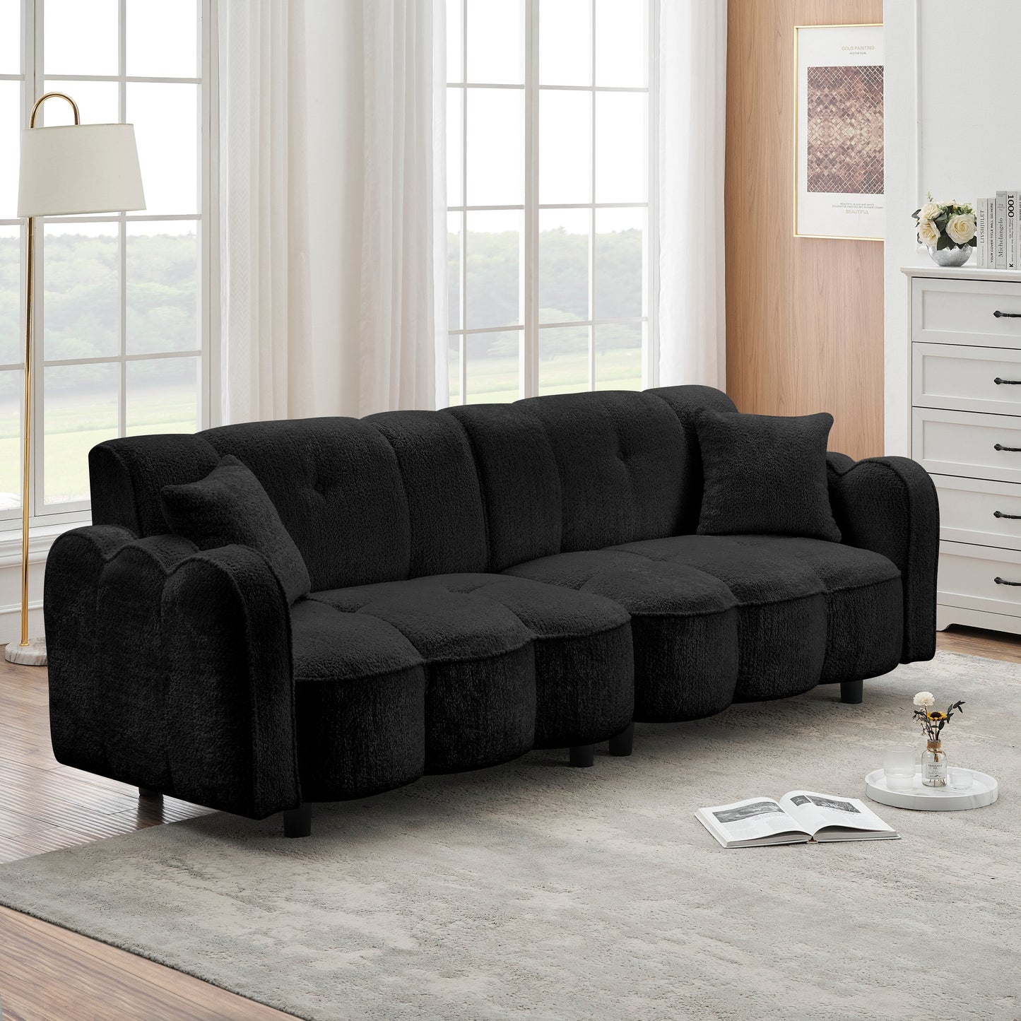 Canapé 3 places rembourré de 96,06 pouces avec 2 oreillers, motif nuage, assise profonde et coussins en mousse épaisse