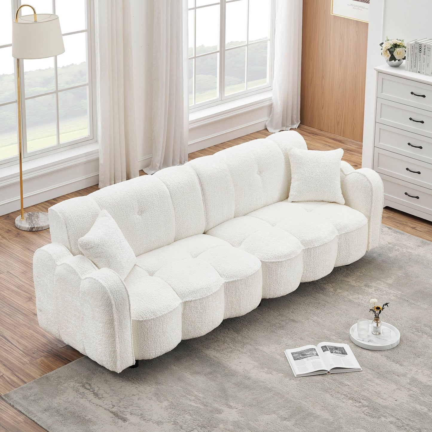 Canapé 3 places rembourré de 96,06 pouces avec 2 oreillers, motif nuage, assise profonde et coussins en mousse épaisse