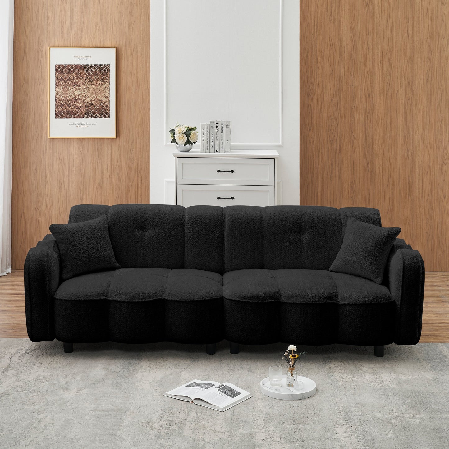 Canapé 3 places rembourré de 96,06 pouces avec 2 oreillers, motif nuage, assise profonde et coussins en mousse épaisse