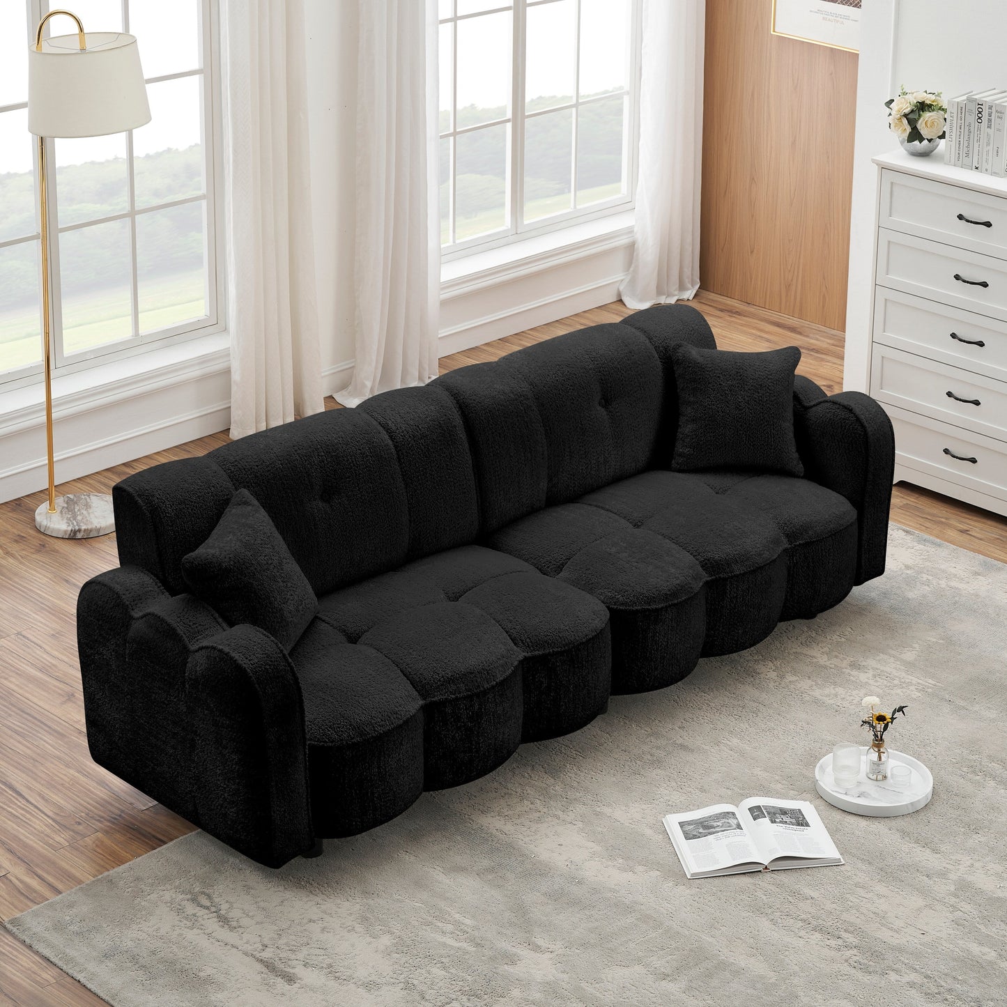 Canapé 3 places rembourré de 96,06 pouces avec 2 oreillers, motif nuage, assise profonde et coussins en mousse épaisse