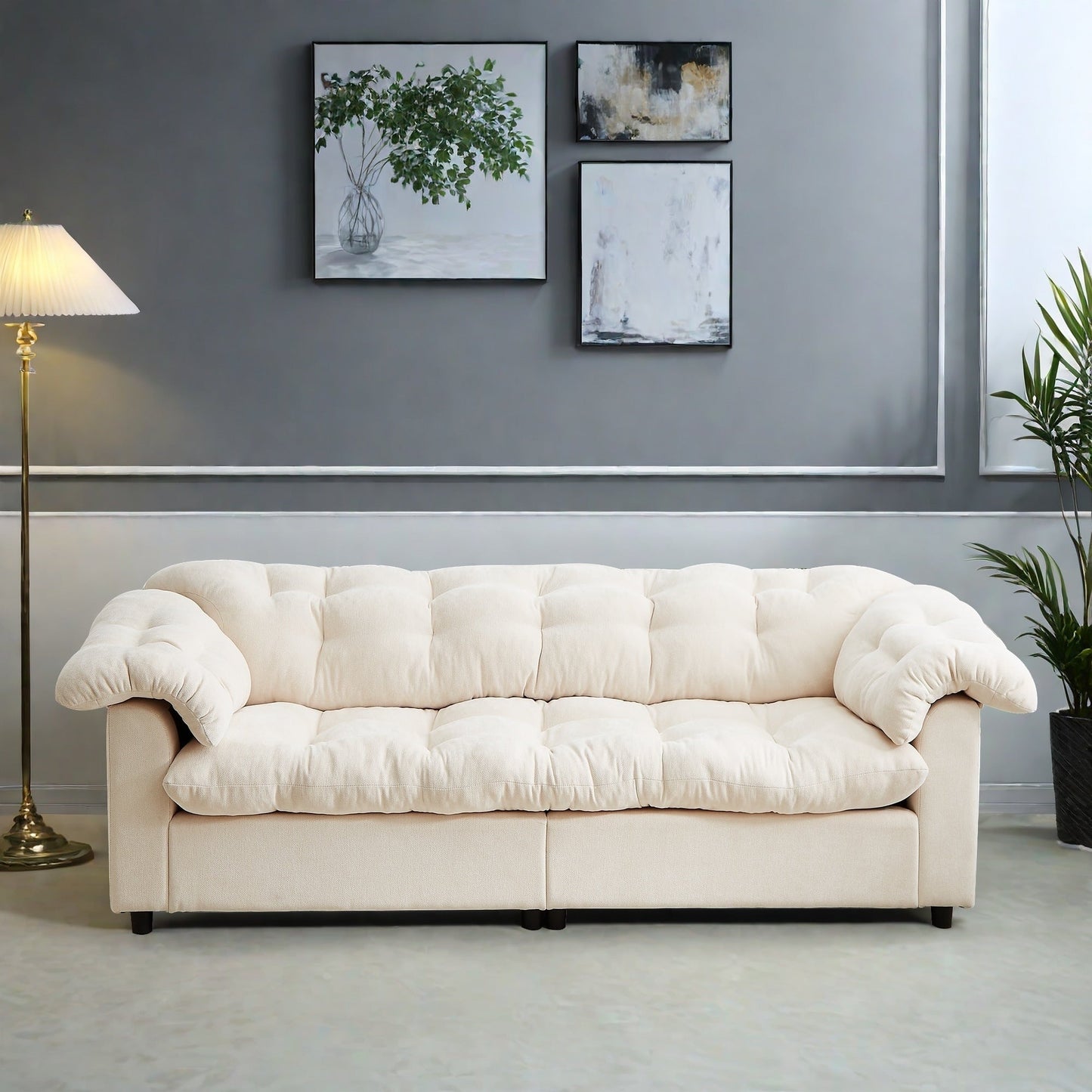 Canapé 3 places classique moderne en tissu 99.2, structure en bois massif et coussin moelleux en forme de nuage