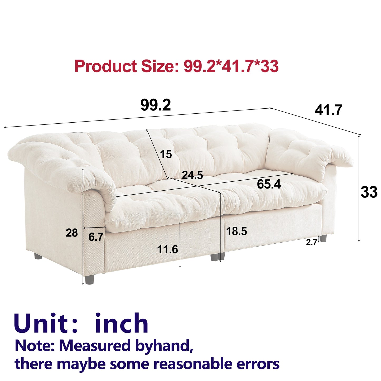 Canapé 3 places classique moderne en tissu 99.2, structure en bois massif et coussin moelleux en forme de nuage