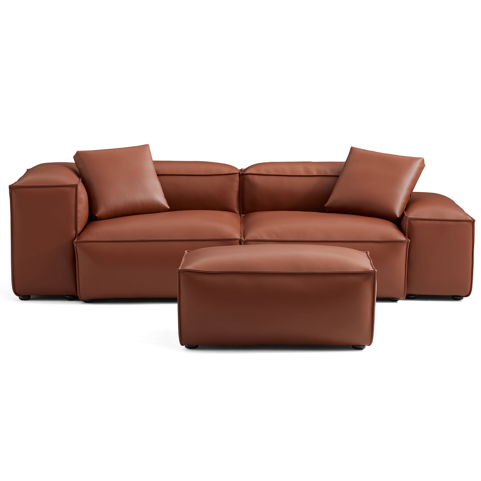 Cube Modular Brown Genuine Leather Sofa with Ottoman