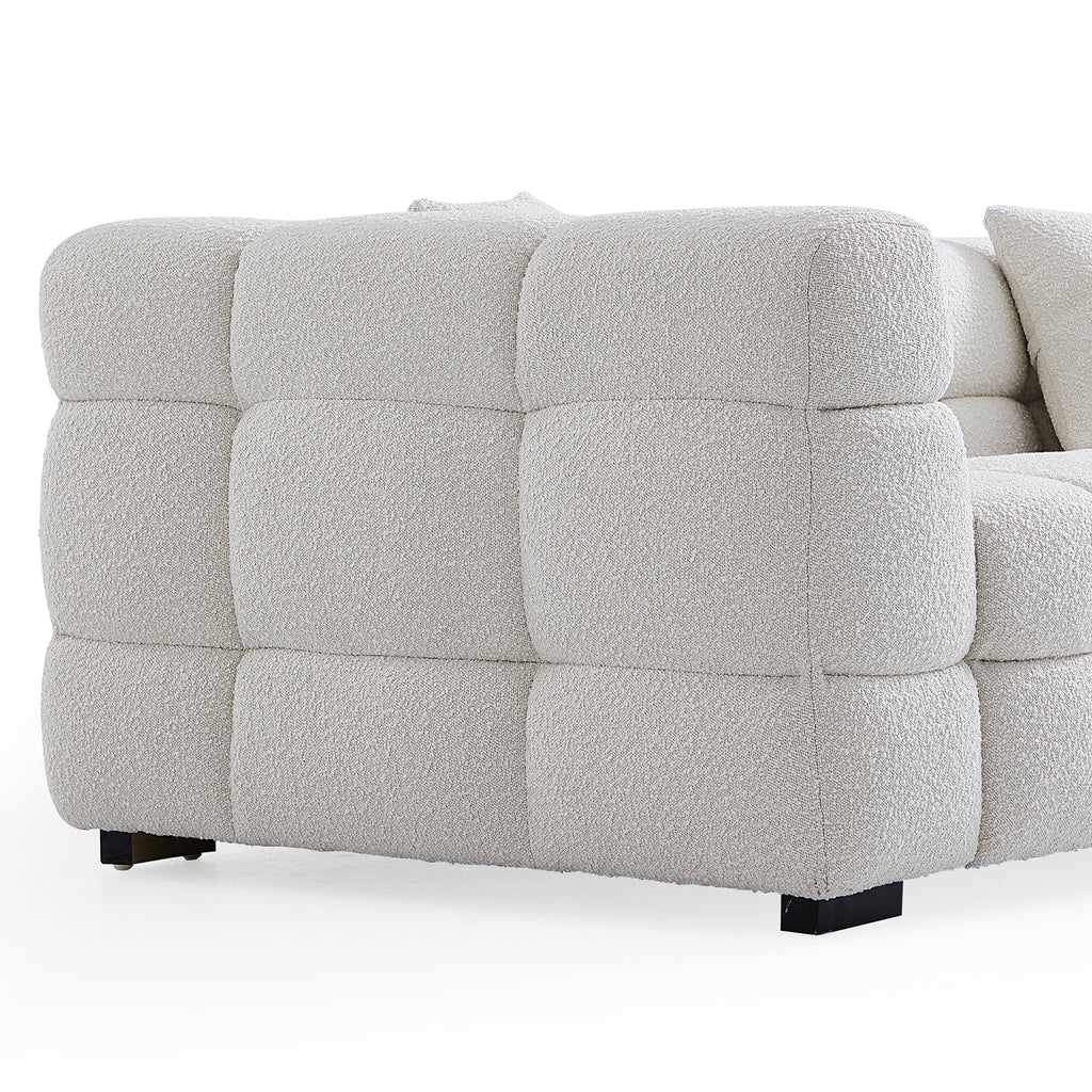 Cushy White Boucle Fabric Tufted Sofa With Ottoman