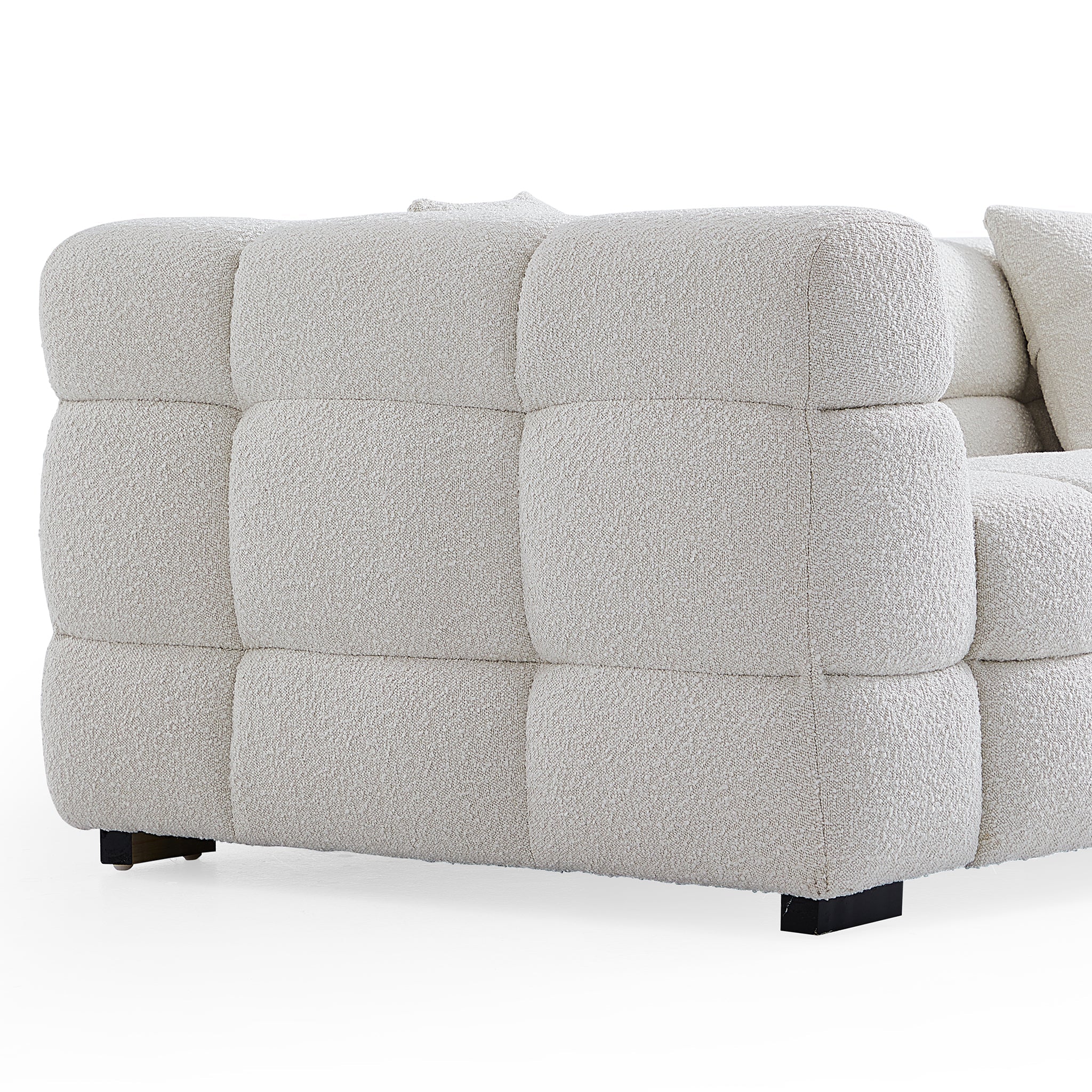 Cushy White Boucle Fabric Tufted Sofa With Ottoman