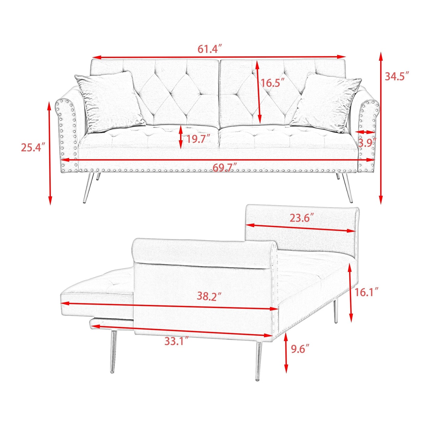 Un canapé-lit de 176 cm de long recouvert de velours, orné d'une bordure cloutée et accompagné d'un coussin assorti.