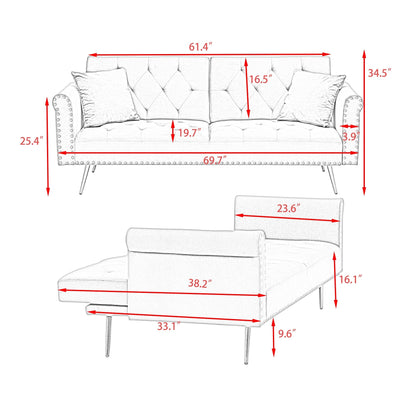 Un canapé-lit de 176 cm de long recouvert de velours, orné d'une bordure cloutée et accompagné d'un coussin assorti.