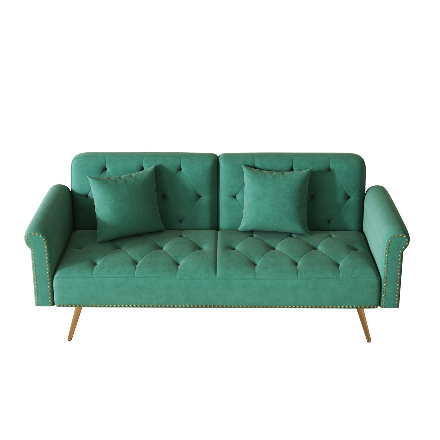 Un canapé-lit de 176 cm de long recouvert de velours, orné d'une bordure cloutée et accompagné d'un coussin assorti.