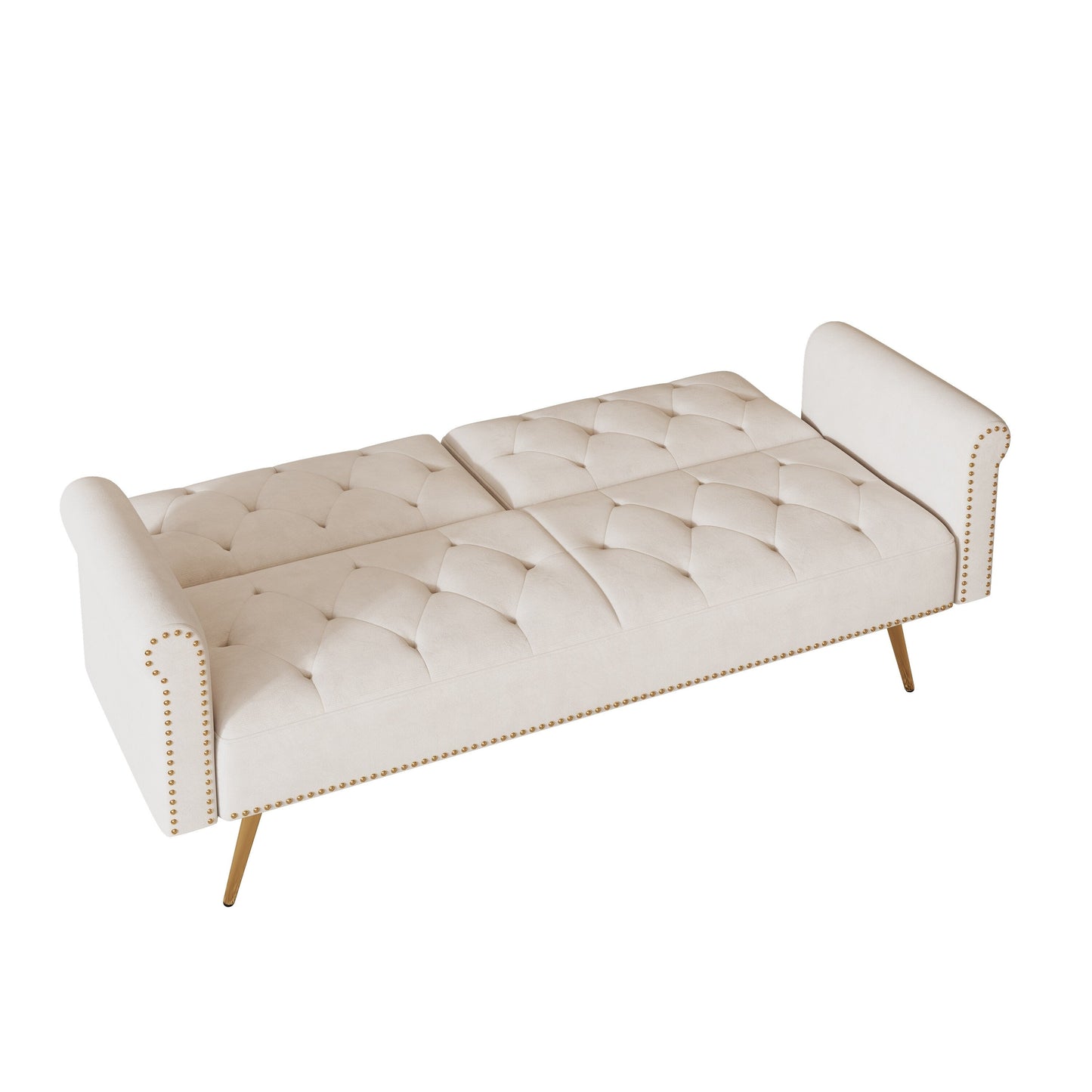 Un canapé-lit de 176 cm de long recouvert de velours, orné d'une bordure cloutée et accompagné d'un coussin assorti.