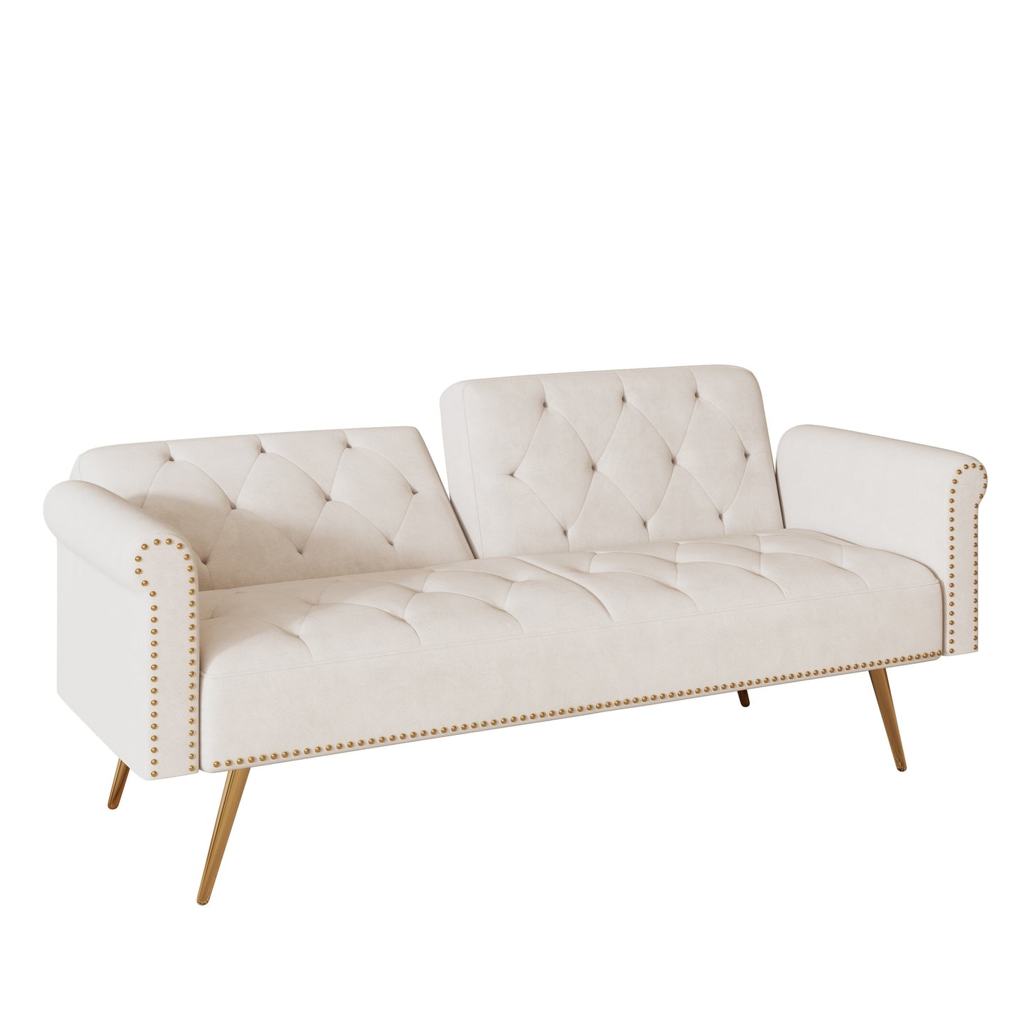 Un canapé-lit de 176 cm de long recouvert de velours, orné d'une bordure cloutée et accompagné d'un coussin assorti.