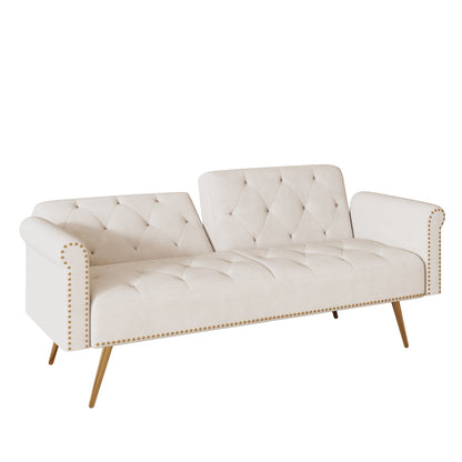 Un canapé-lit de 69,7 pouces de long recouvert de tissu en velours beige, avec une bordure en tête de clou et accompagné d'un coussin assorti