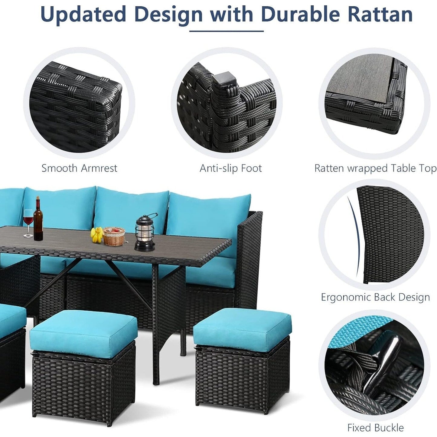 Canapé sectionnel en osier pour patio extérieur AECOJOY 7 pièces avec table à manger