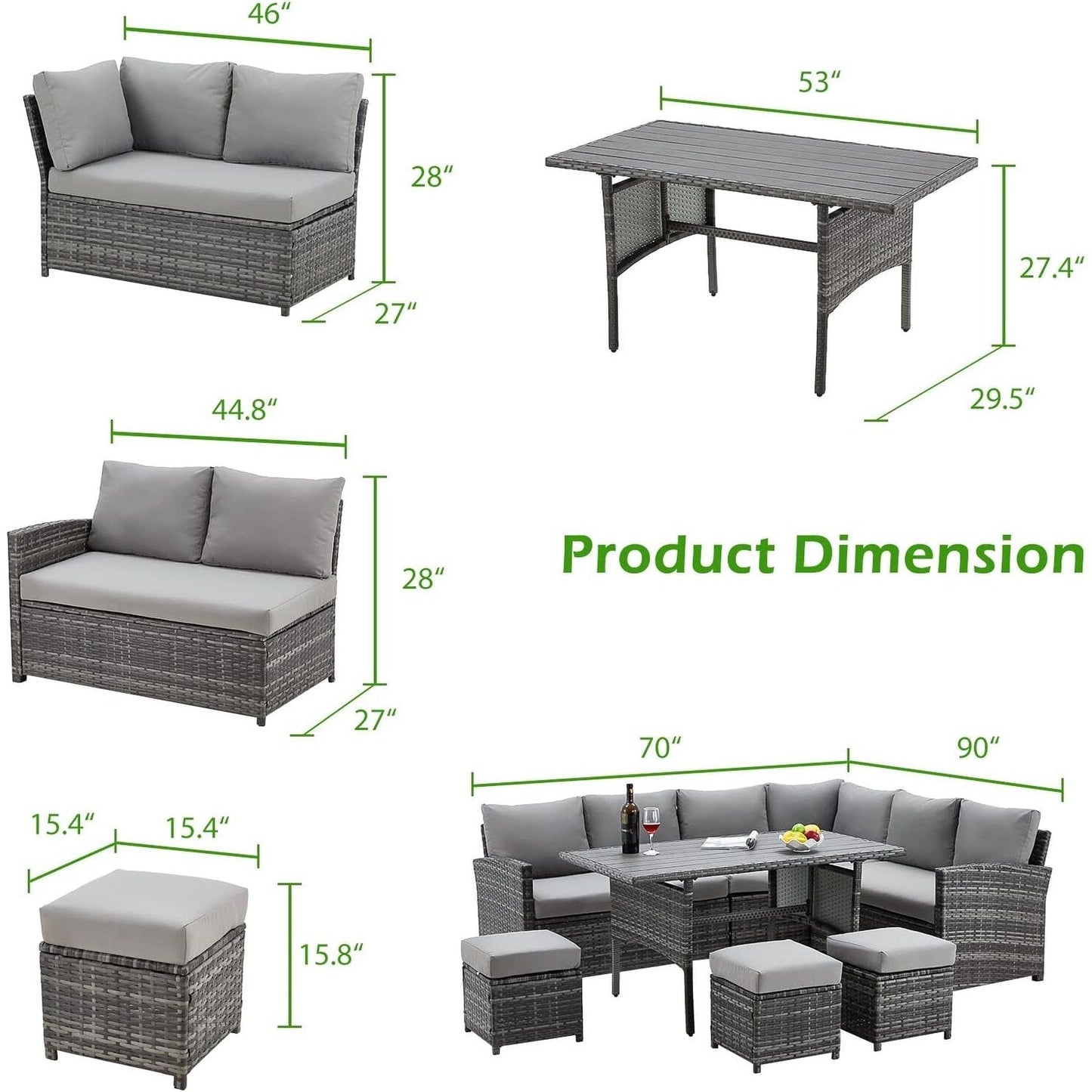 Canapé sectionnel en osier pour patio extérieur AECOJOY 7 pièces avec table à manger