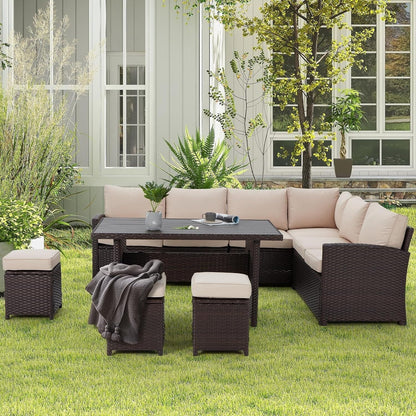 Canapé sectionnel en osier pour patio extérieur AECOJOY 7 pièces avec table à manger
