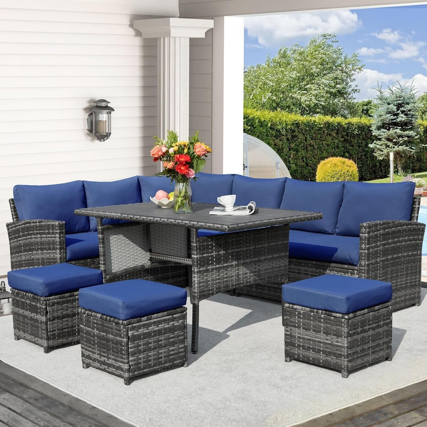Canapé sectionnel en osier pour patio extérieur AECOJOY 7 pièces avec table à manger