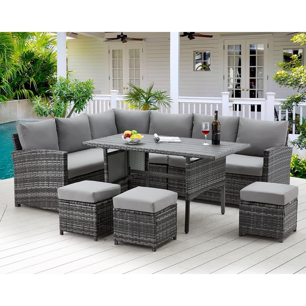 Canapé sectionnel en osier pour patio extérieur AECOJOY 7 pièces avec table à manger