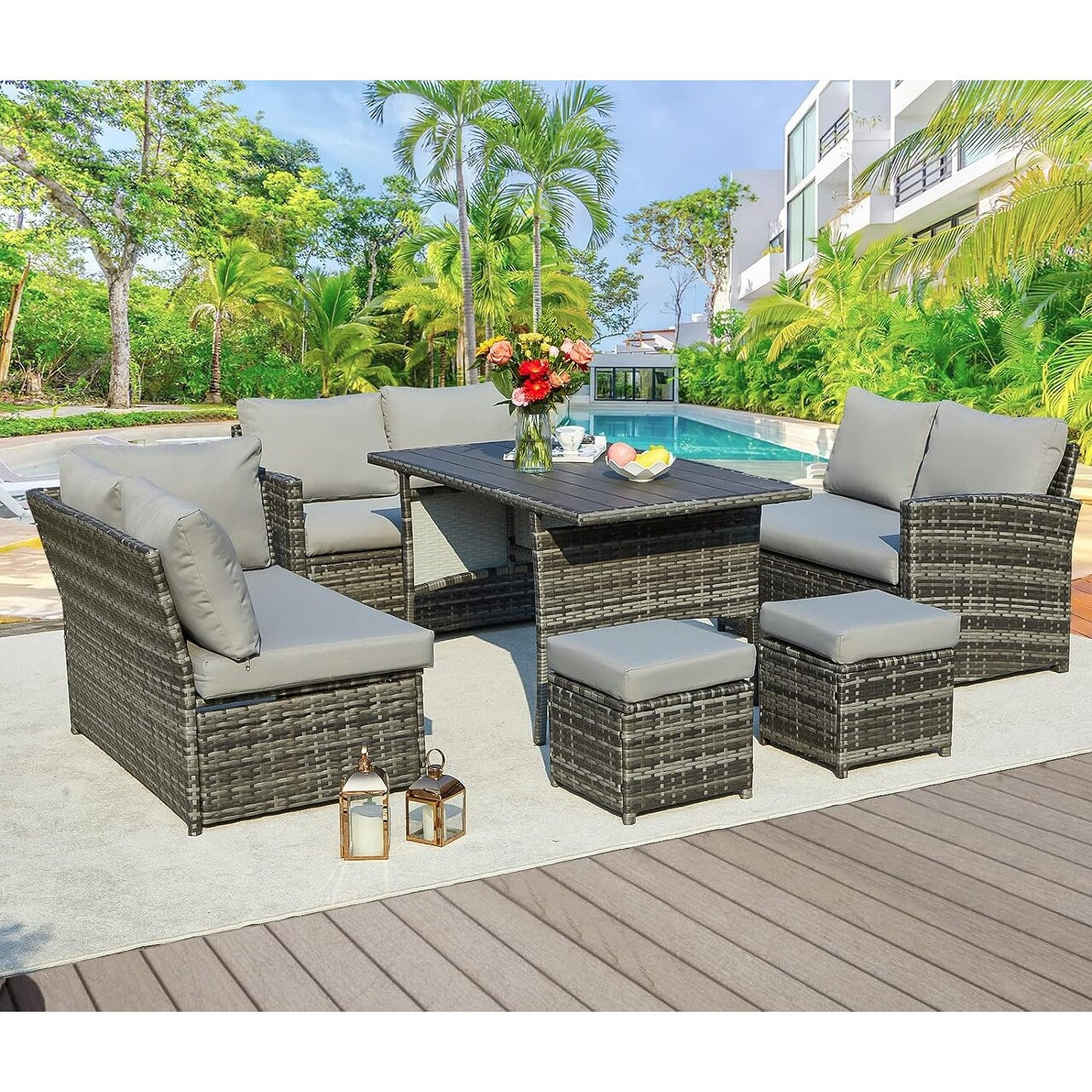 Canapé sectionnel en osier pour patio extérieur AECOJOY 7 pièces avec table à manger