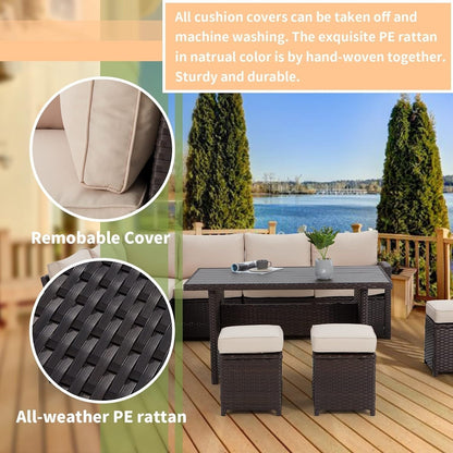 Canapé sectionnel en osier pour patio extérieur AECOJOY 7 pièces avec table à manger