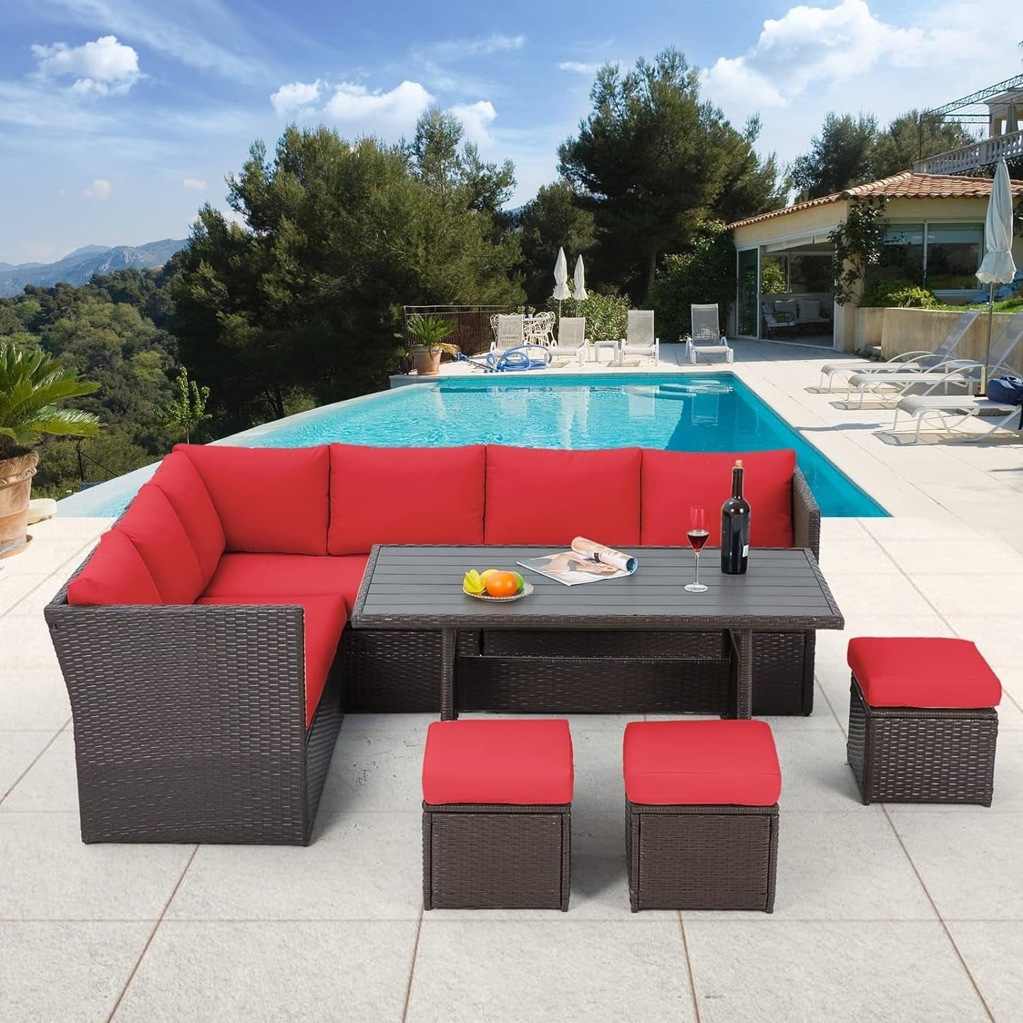 Canapé sectionnel en osier pour patio extérieur AECOJOY 7 pièces avec table à manger