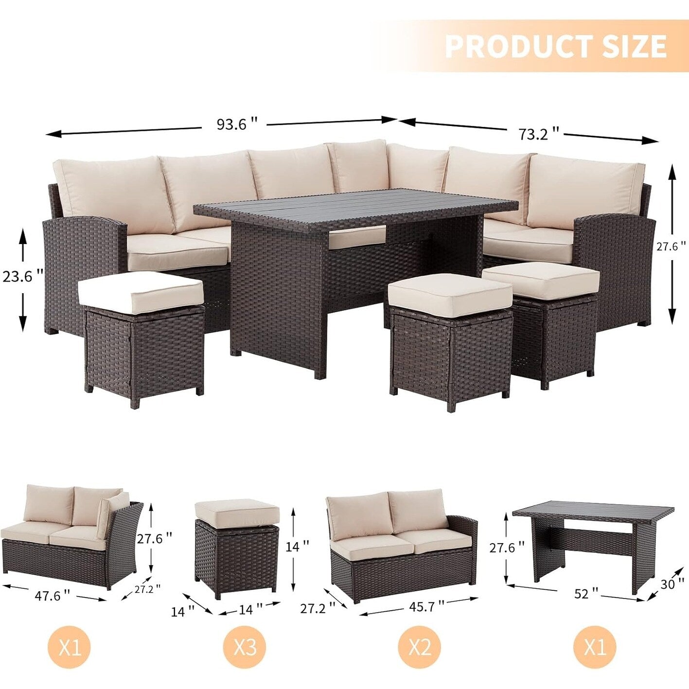 Canapé sectionnel en osier pour patio extérieur AECOJOY 7 pièces avec table à manger
