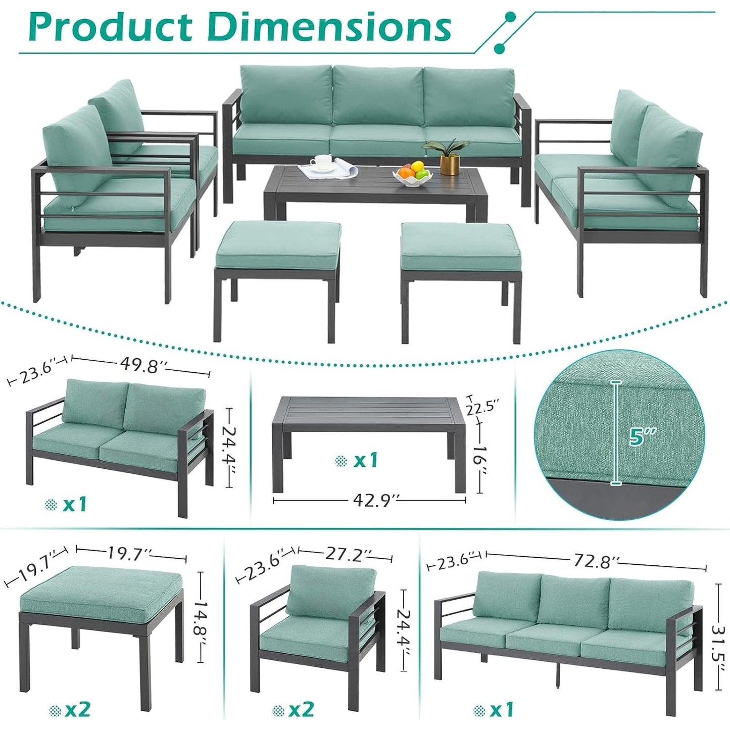 Ensemble de meubles de patio en aluminium AECOJOY 7 pièces, ensemble de conversation extérieur