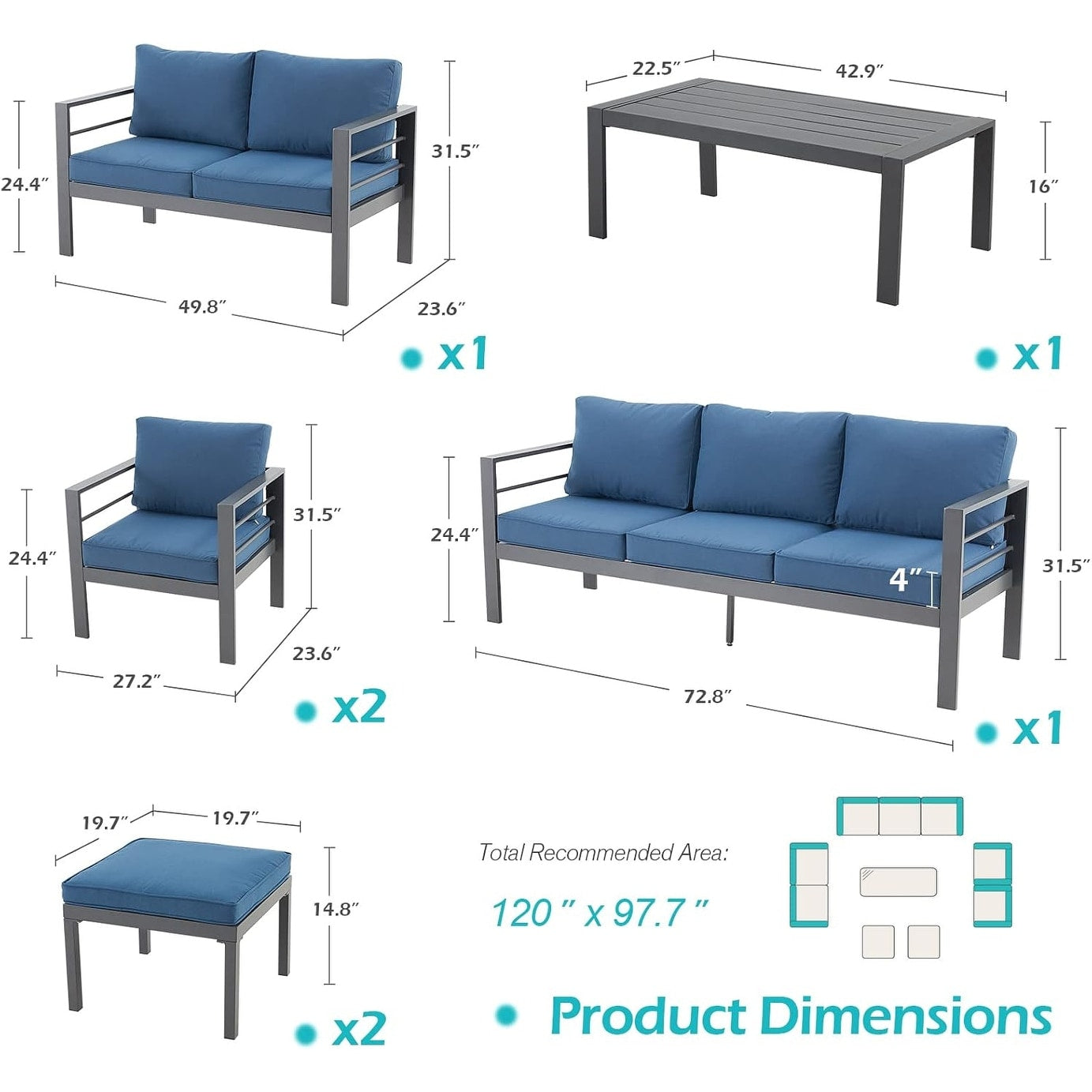 Ensemble de meubles de patio en aluminium AECOJOY 7 pièces, ensemble de conversation extérieur