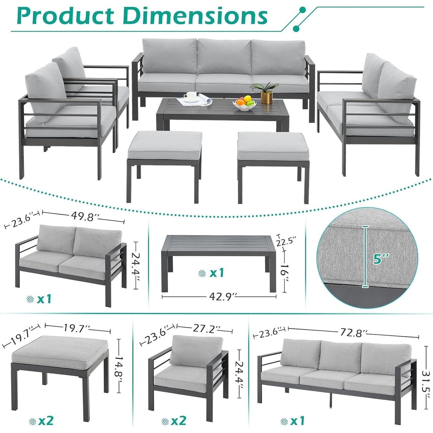 Ensemble de meubles de patio en aluminium AECOJOY 7 pièces, ensemble de conversation extérieur