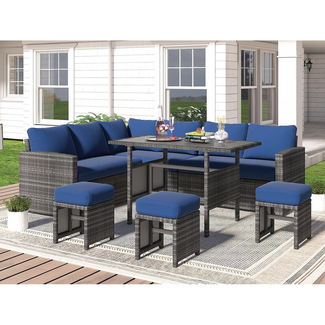Ensemble de meubles de patio 7 pièces AECOJOY, canapé sectionnel d'extérieur en rotin, ensemble de conversation