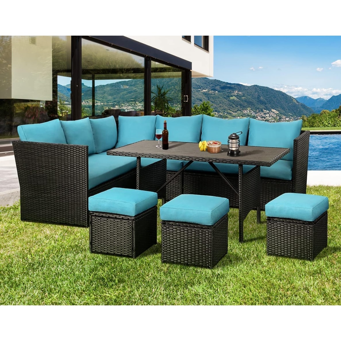 Ensemble de meubles de patio 7 pièces AECOJOY, canapé sectionnel d'extérieur en rotin, ensemble de conversation