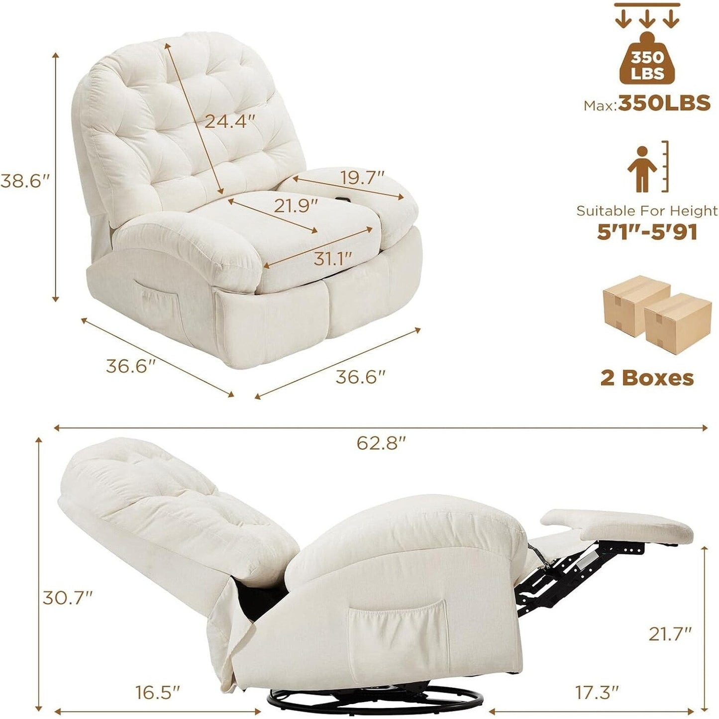 Fauteuil inclinable surdimensionné AECOJOY, fauteuil à bascule pivotant à 360°, fauteuil à bascule en chenille pour adultes, canapé chaise longue ergonomique moderne