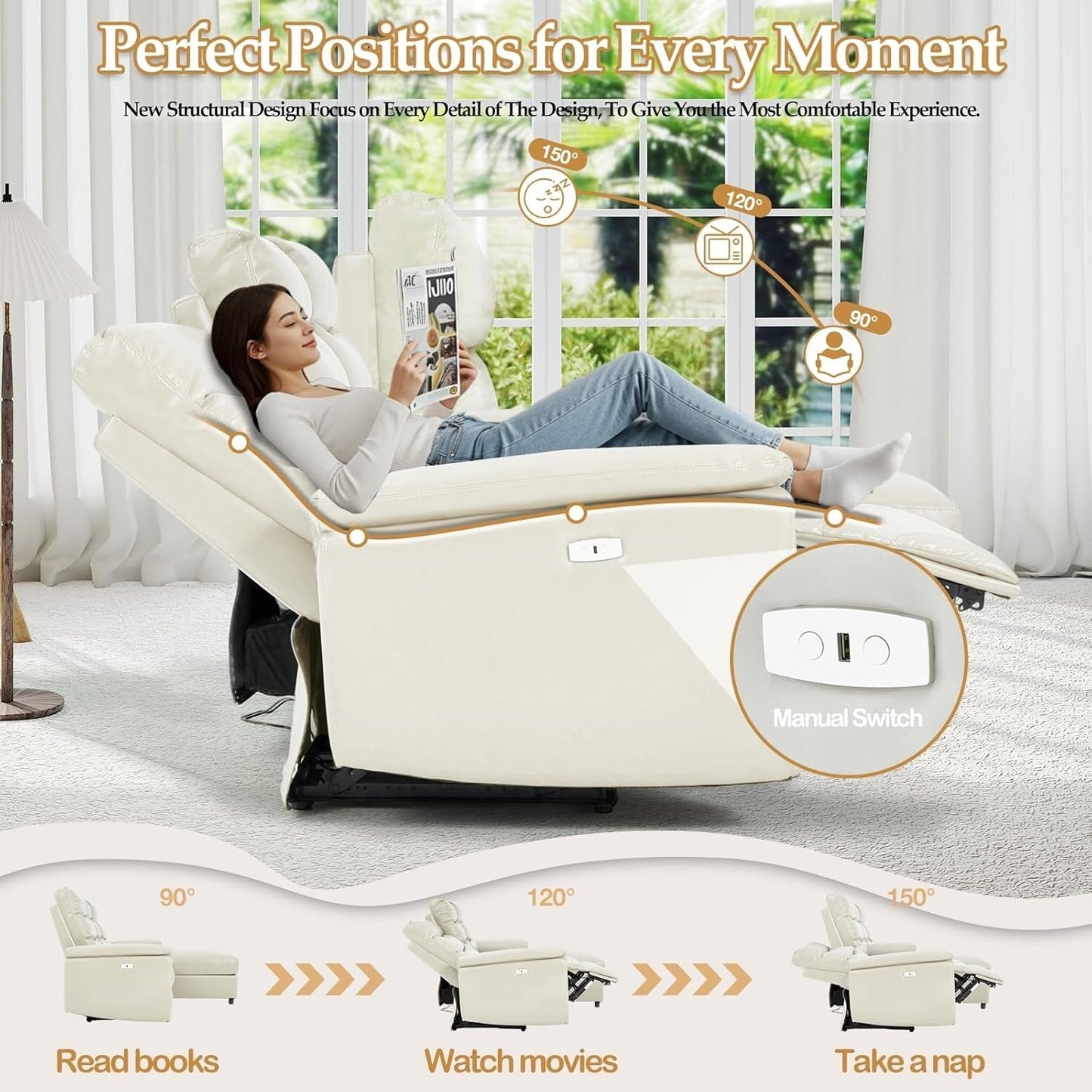 Canapé sectionnel inclinable électrique AECOJOY, canapé-lit en cuir PU avec méridienne de rangement, dossier et repose-pieds réglables