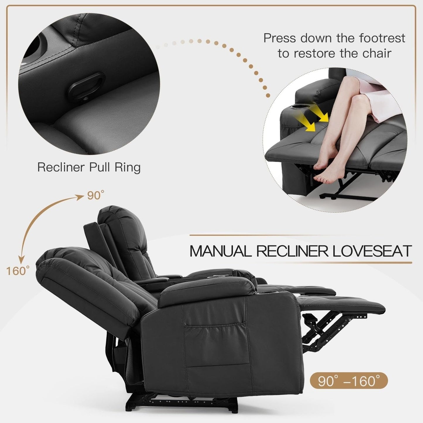 Canapé inclinable manuel AECOJOY pour camping-car, siège de cinéma maison en polyuréthane avec console