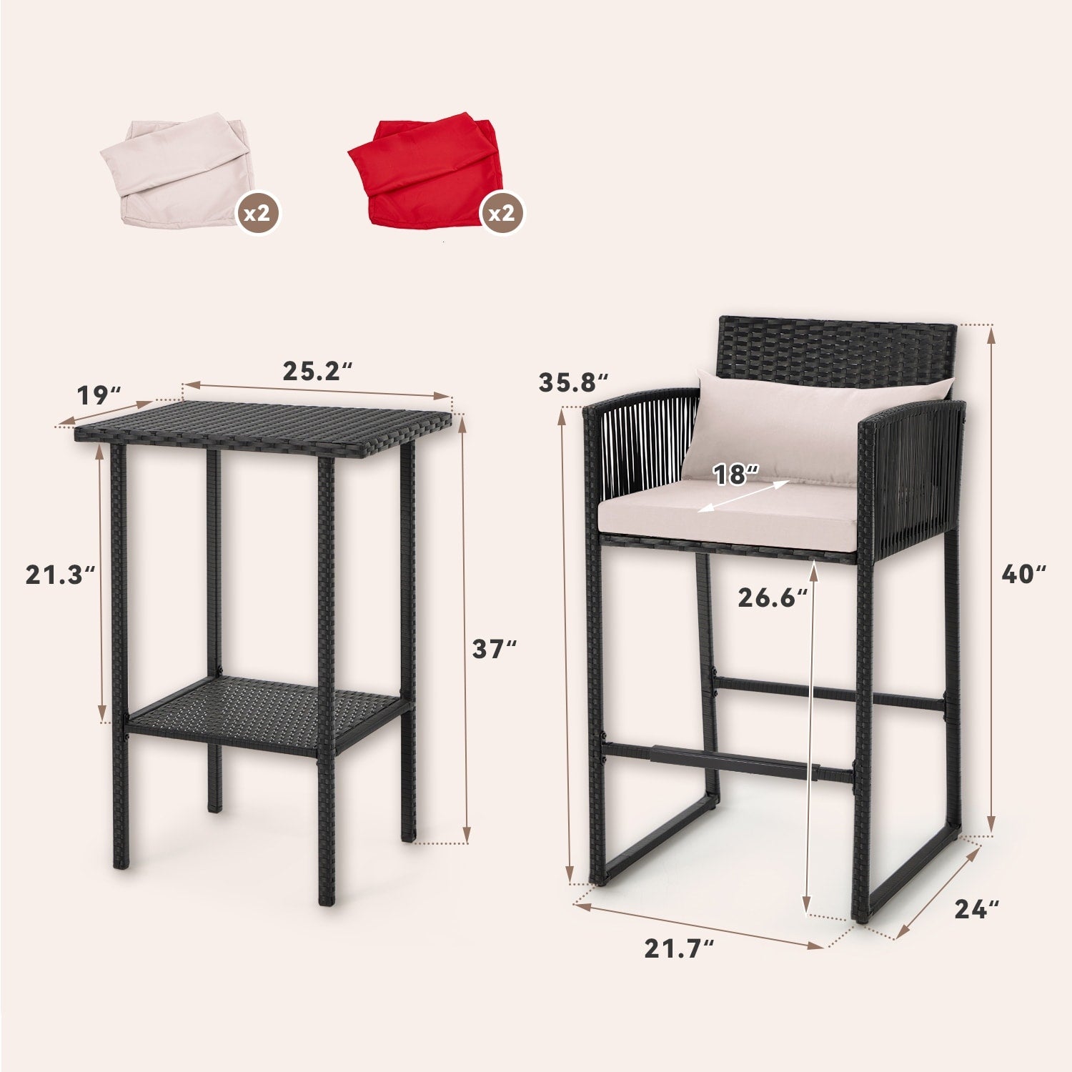 Ensemble de bar de patio en osier AVAWING 3 pièces avec housse de coussin supplémentaire