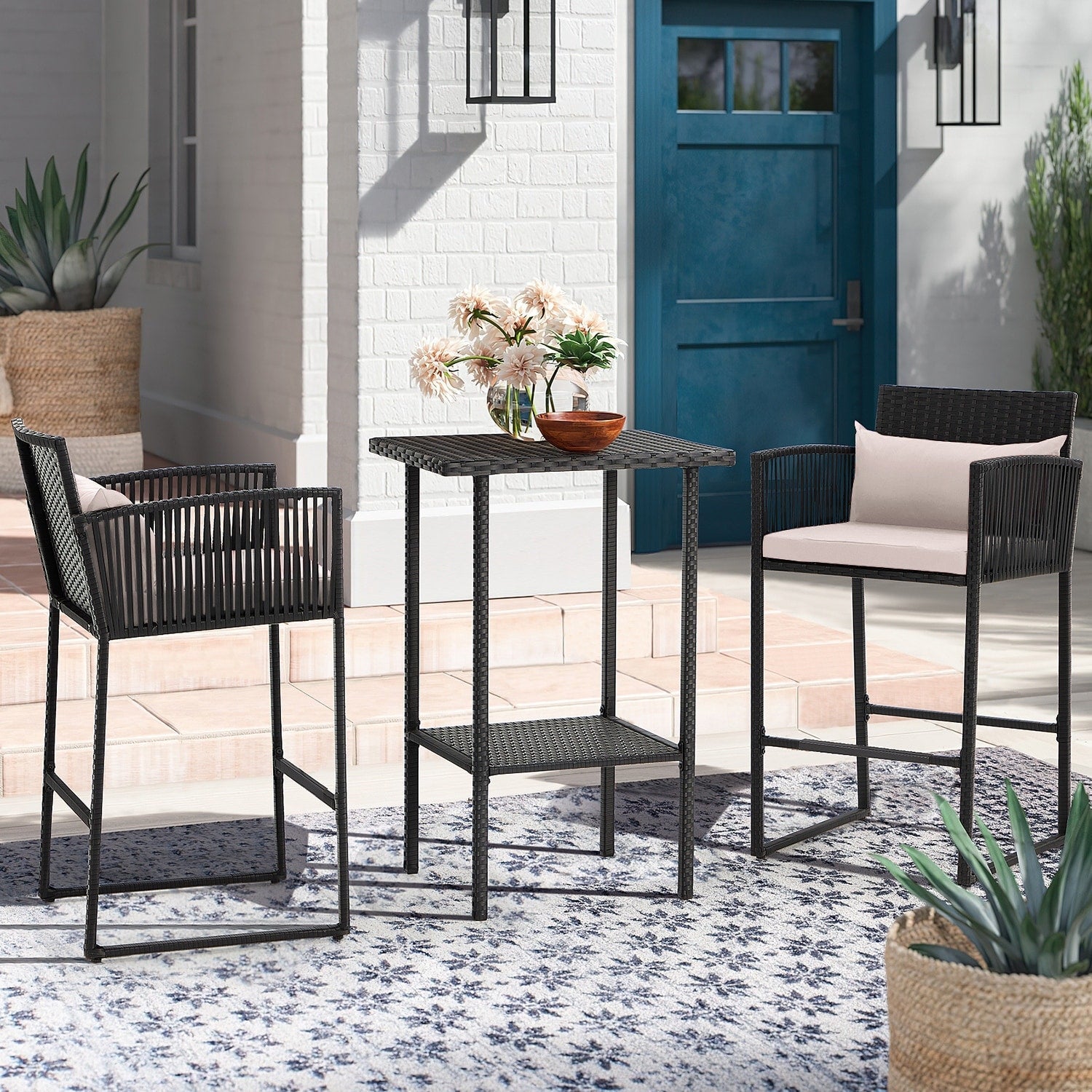Ensemble de bar de patio en osier AVAWING 3 pièces avec housse de coussin supplémentaire