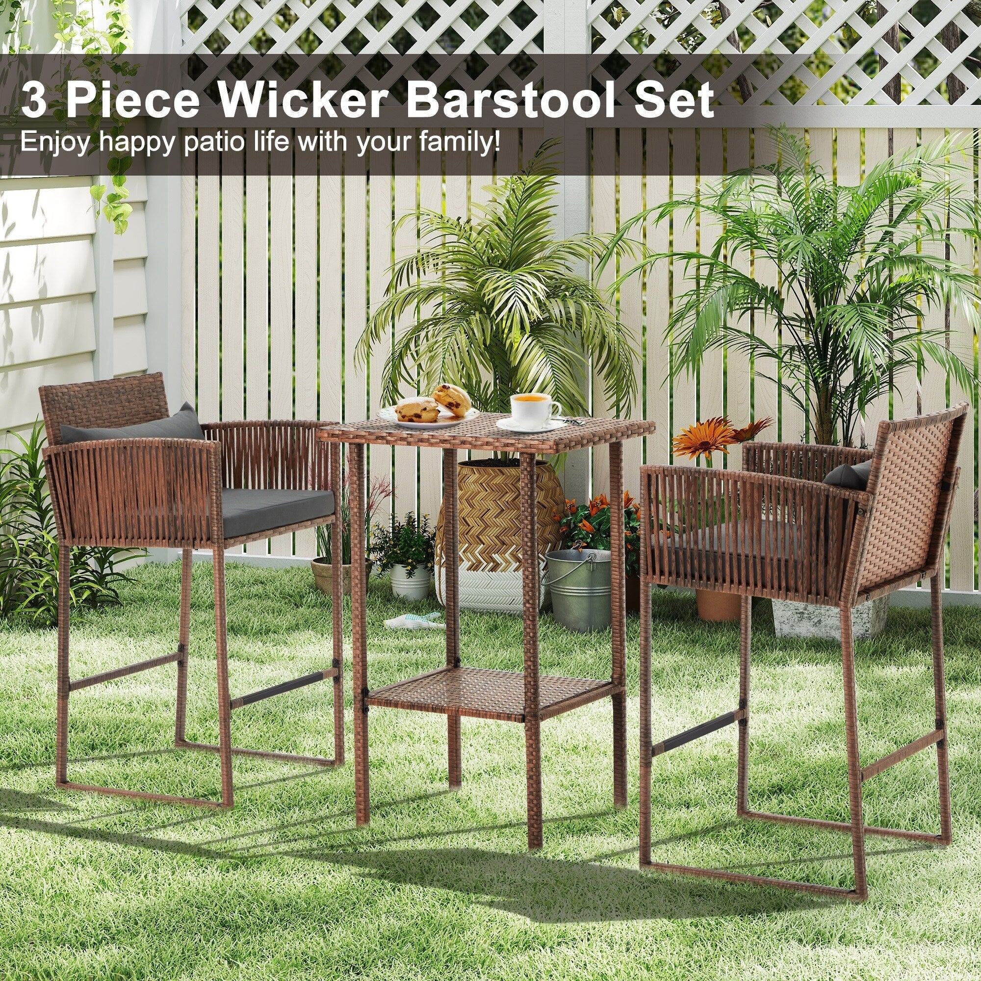 Ensemble de bar de patio en osier AVAWING 3 pièces avec housse de coussin supplémentaire