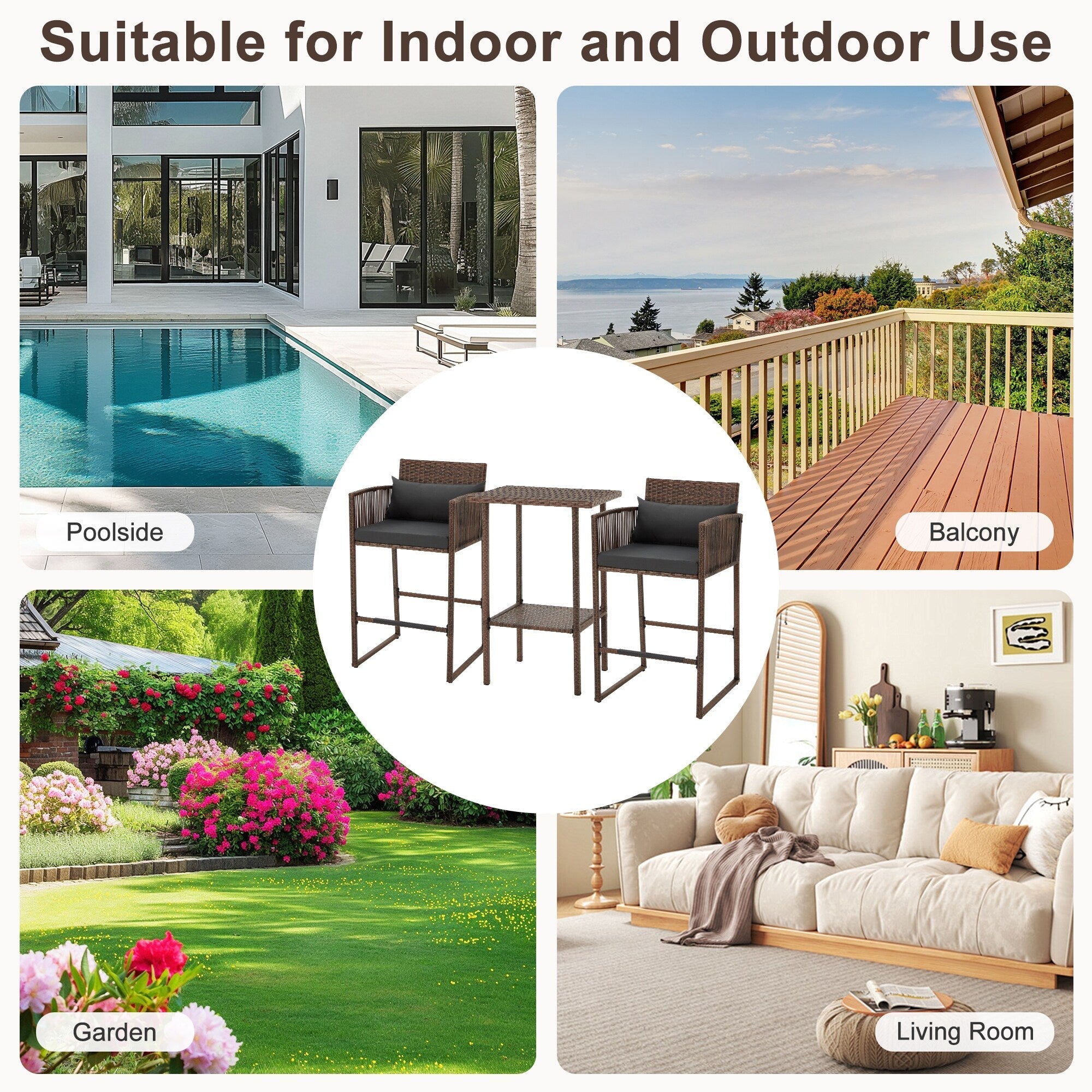 Ensemble de bar de patio en osier AVAWING 3 pièces avec housse de coussin supplémentaire