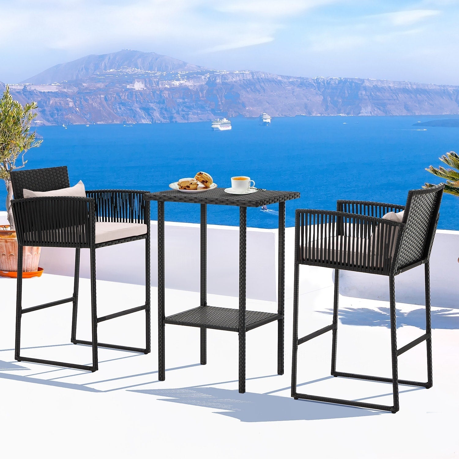 Ensemble de bar de patio en osier AVAWING 3 pièces avec housse de coussin supplémentaire