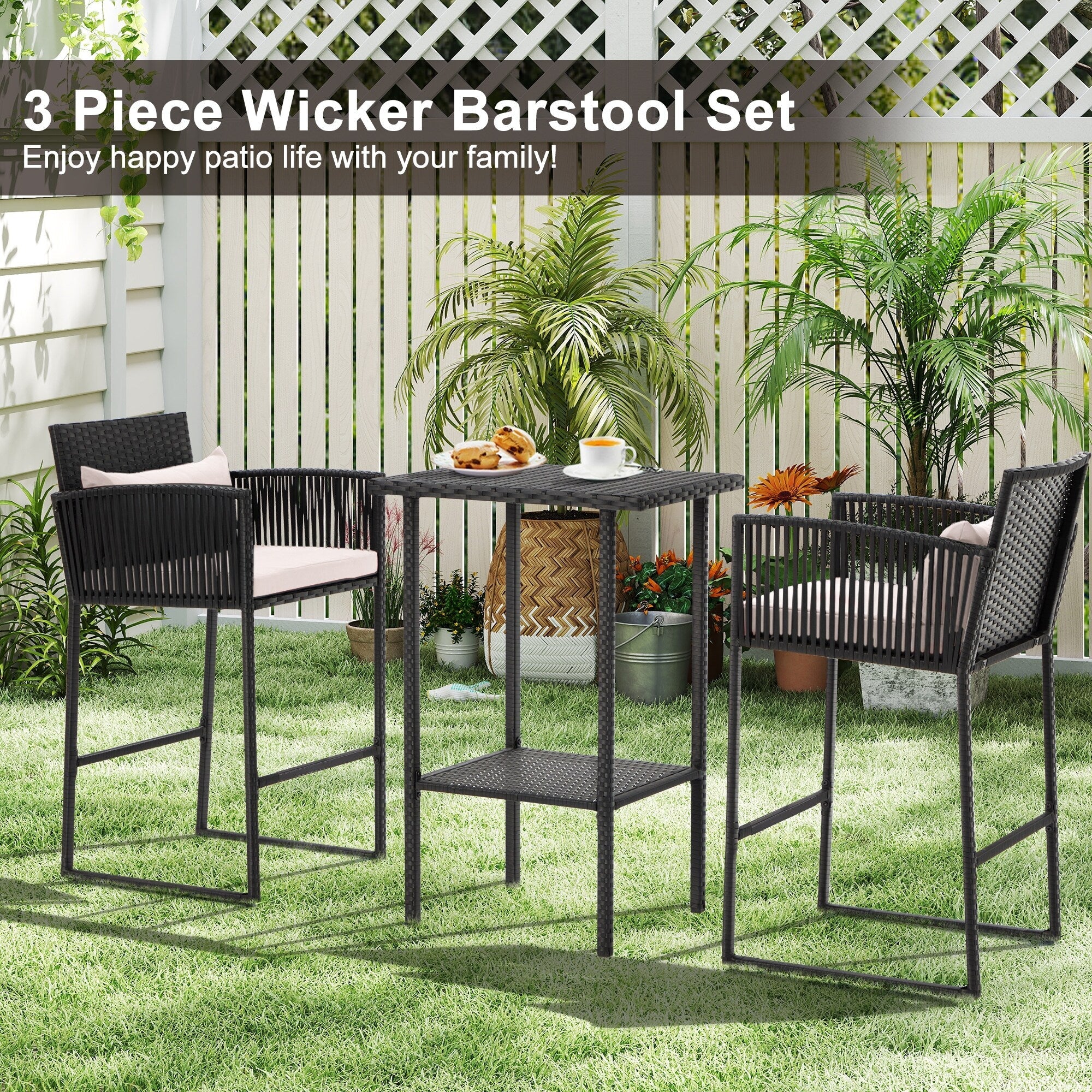 Ensemble de bar de patio en osier AVAWING 3 pièces avec housse de coussin supplémentaire