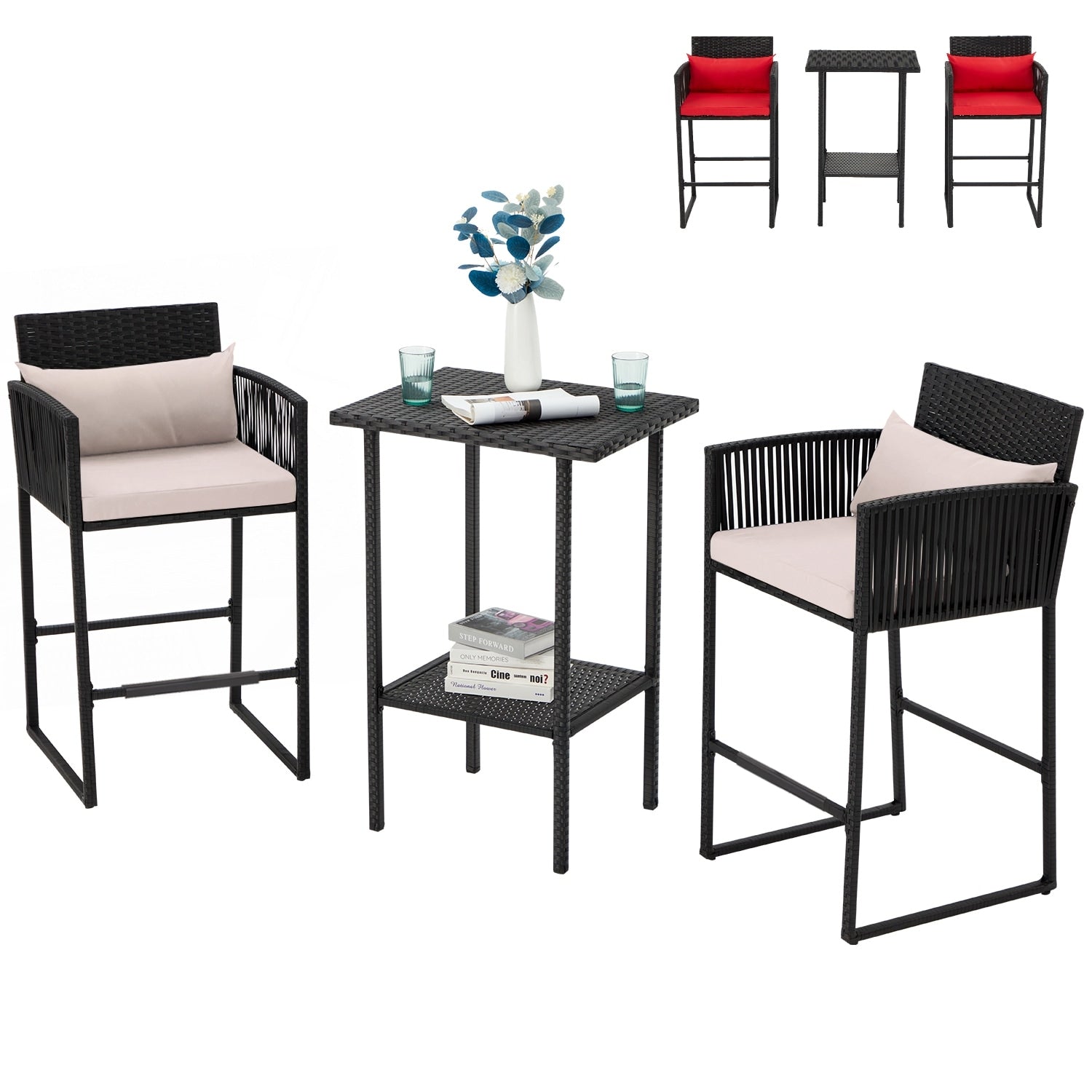 Ensemble de bar de patio en osier AVAWING 3 pièces avec housse de coussin supplémentaire