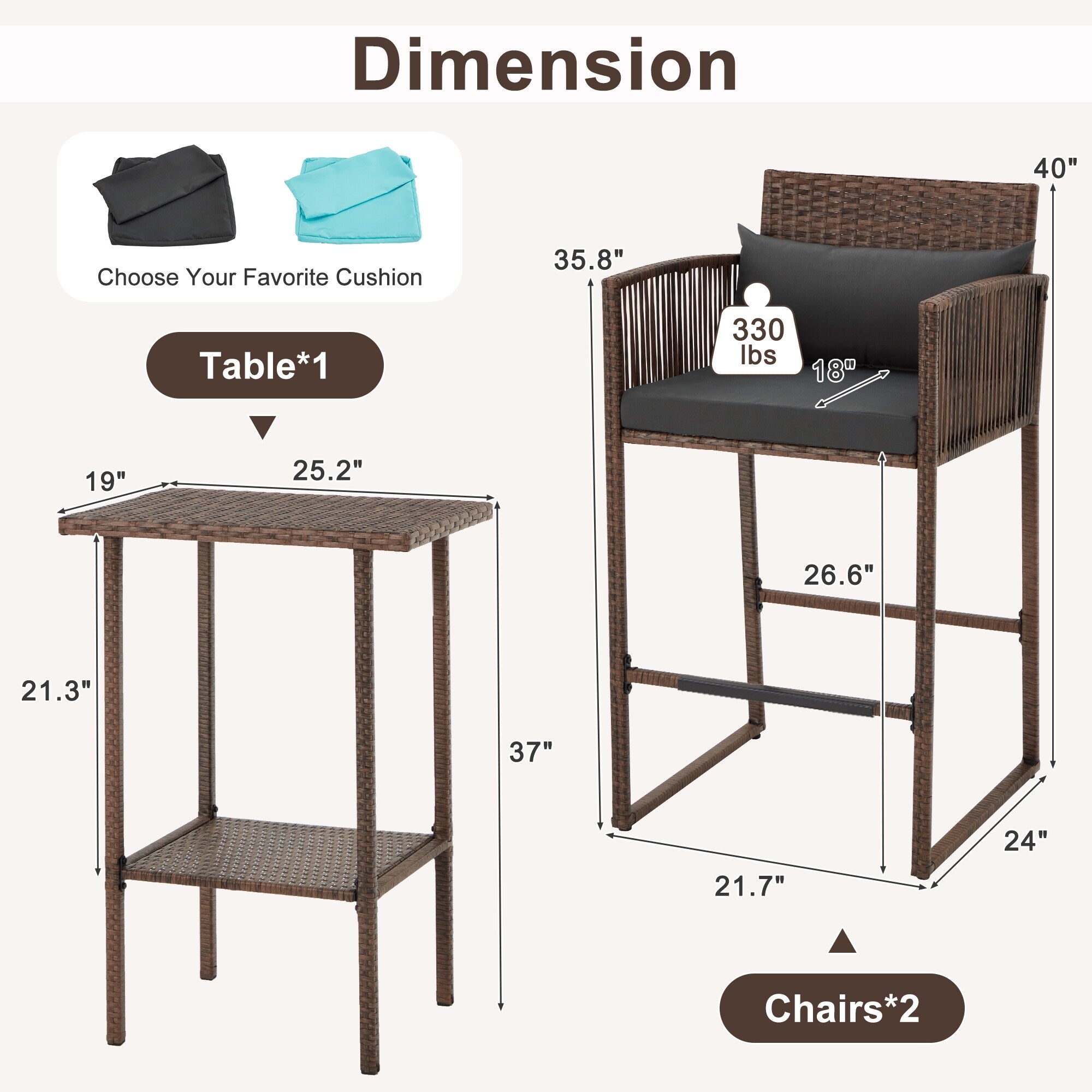 Ensemble de bar de patio en osier AVAWING 3 pièces avec housse de coussin supplémentaire