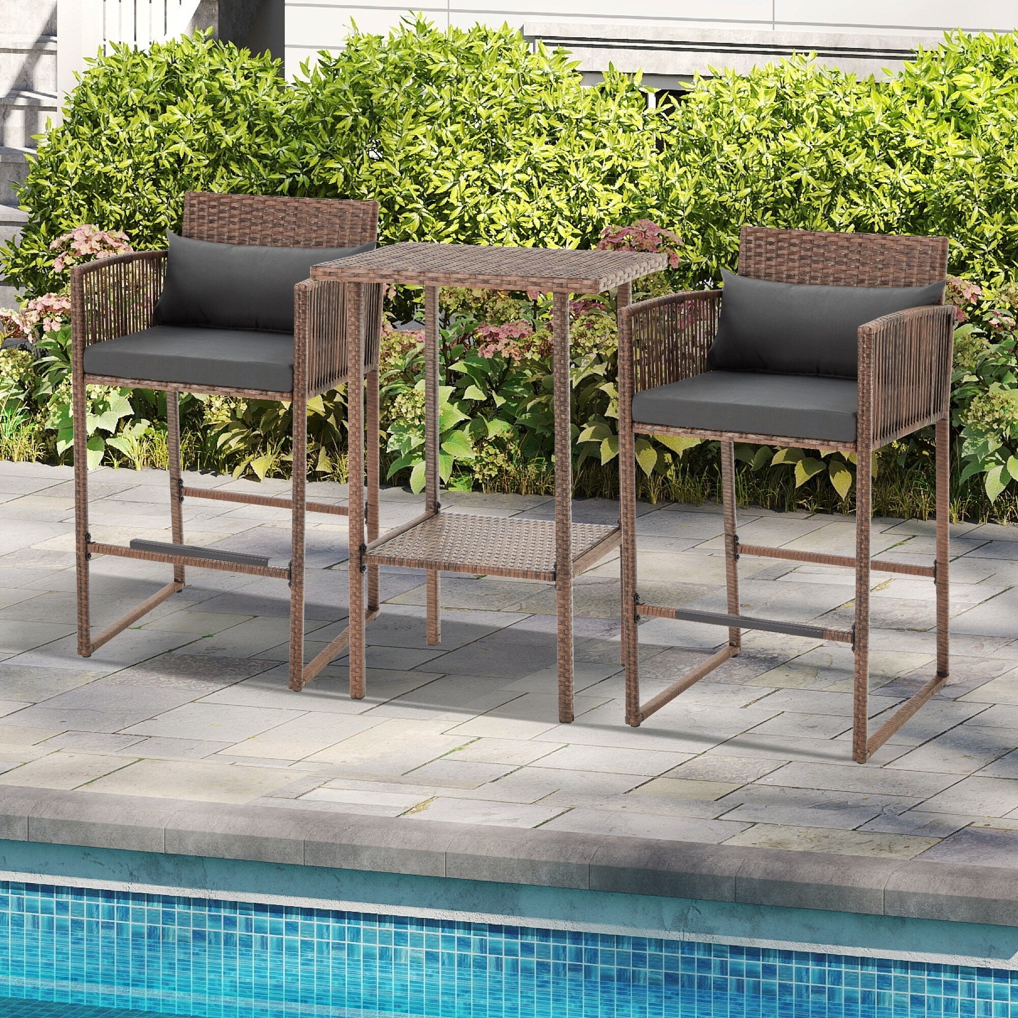 Ensemble de bar de patio en osier AVAWING 3 pièces avec housse de coussin supplémentaire