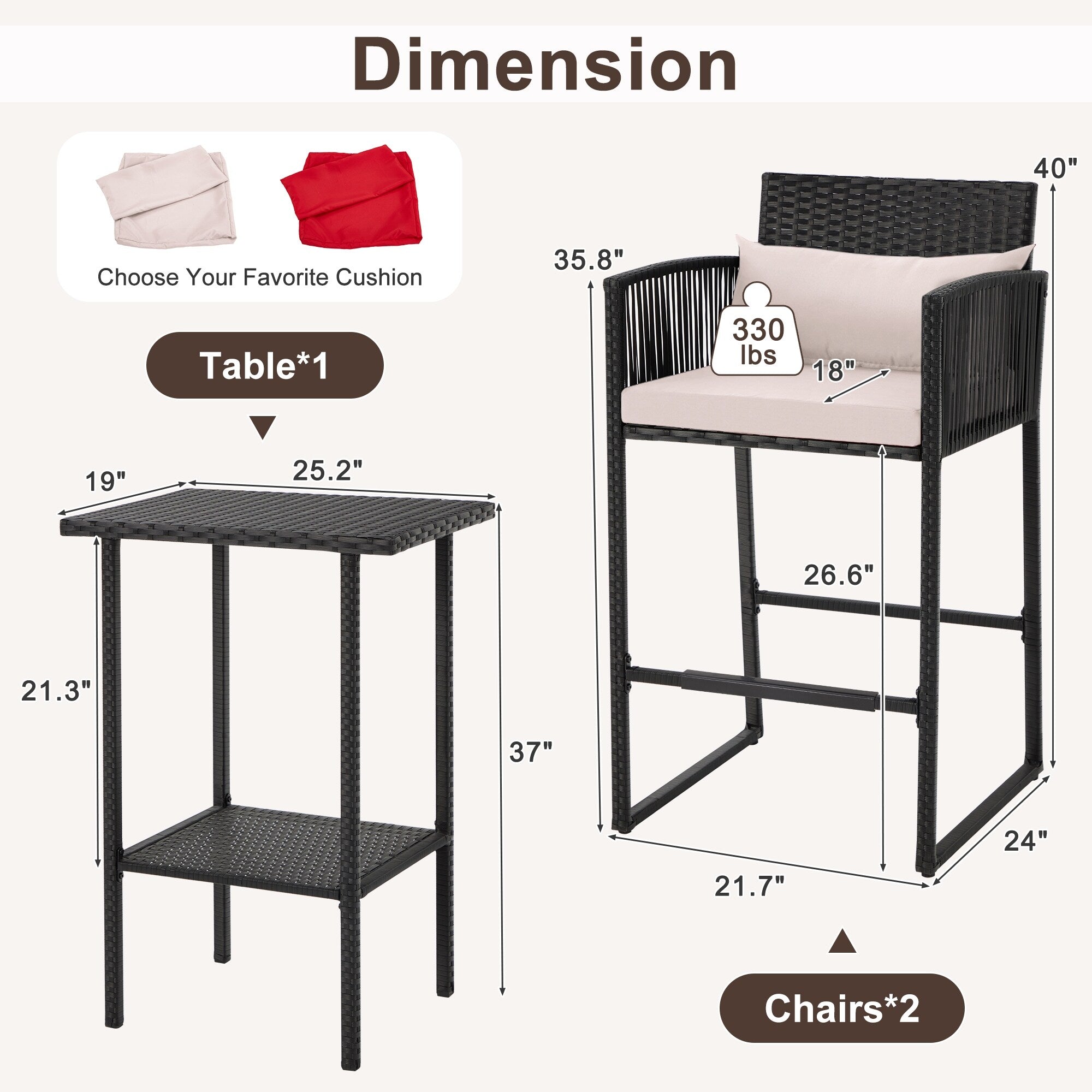 Ensemble de bar de patio en osier AVAWING 3 pièces avec housse de coussin supplémentaire