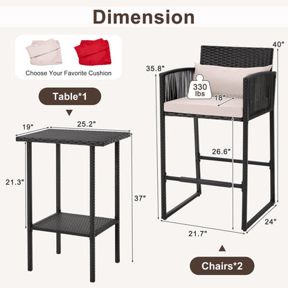 Ensemble de bar de patio en osier AVAWING 3 pièces avec housse de coussin supplémentaire