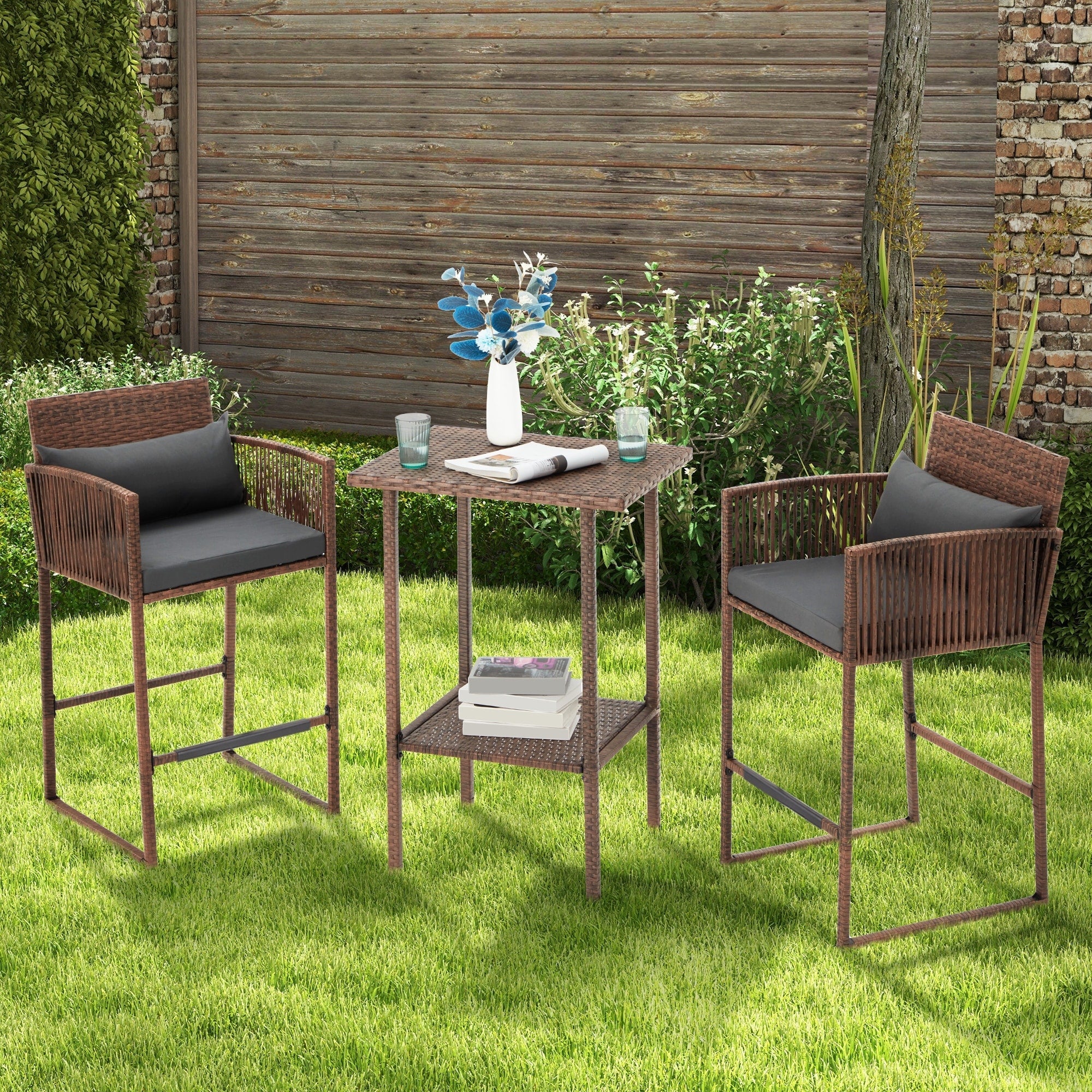 Ensemble de bar de patio en osier AVAWING 3 pièces avec housse de coussin supplémentaire