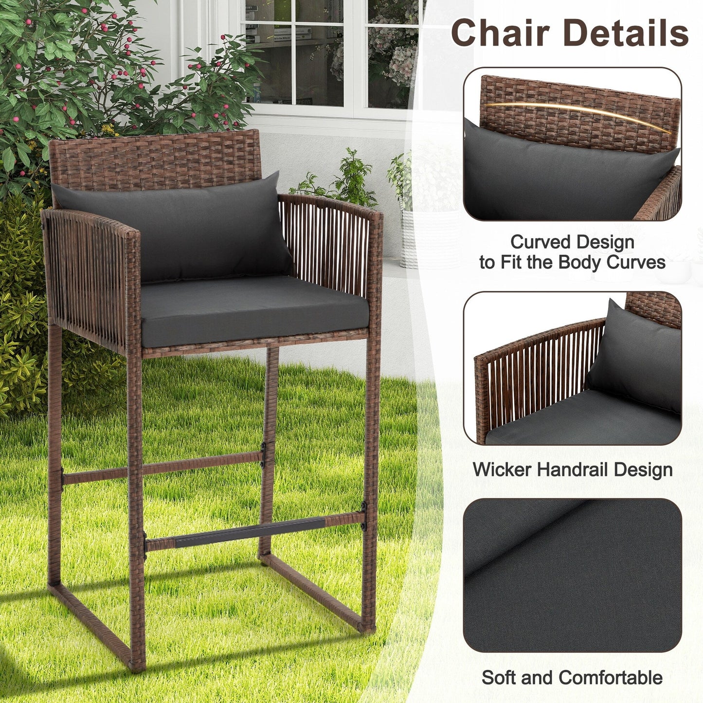 Ensemble de bar de patio en osier AVAWING 3 pièces avec housse de coussin supplémentaire